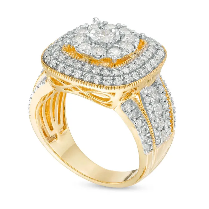 Goldia Rings 20 CT TW Composite Natural Diamond Triple Cushion Frame Split Shank Antique VintageStyle Ring in Solid 10K Yellow Gold