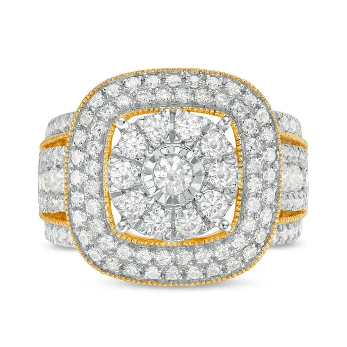 Goldia Rings 20 CT TW Composite Natural Diamond Triple Cushion Frame Split Shank Antique VintageStyle Ring in Solid 10K Yellow Gold