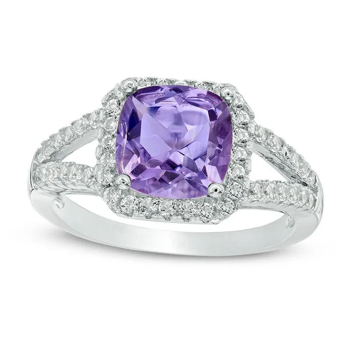 Goldia Rings 80mm CushionCut Amethyst and White Topaz Frame Split Shank Ring in Sterling Silver Goldia Rings 80mm CushionCut Amethyst and White Topaz Frame Split Shank Ring in Sterling Silver