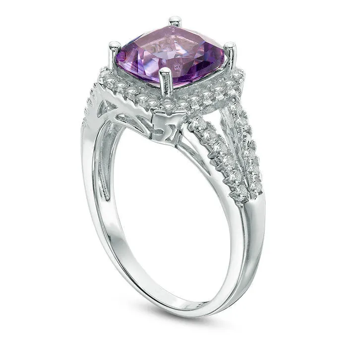 Goldia Rings 80mm CushionCut Amethyst and White Topaz Frame Split Shank Ring in Sterling Silver Goldia Rings 80mm CushionCut Amethyst and White Topaz Frame Split Shank Ring in Sterling Silver