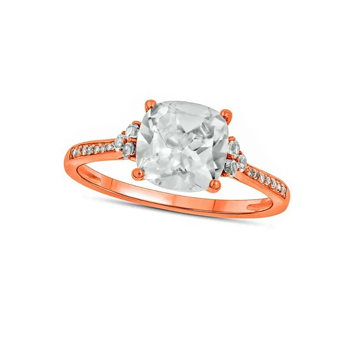 Goldia Rings 80mm CushionCut White LabCreated Sapphire and 005 CT TW Diamond TriSides Ring in Solid 10K Rose Gold Goldia Rings 80mm CushionCut White LabCreated Sapphire and 005 CT TW Diamond TriSides Ring in Solid 10K Rose Gold