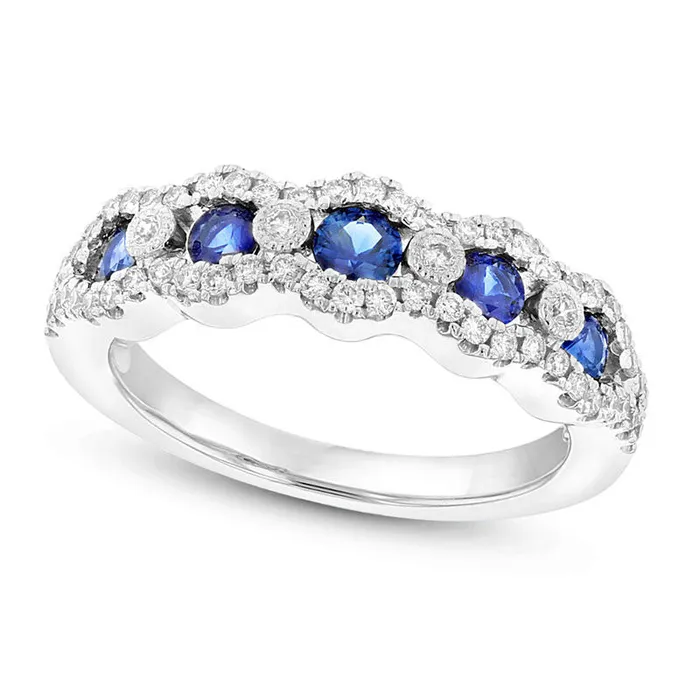 Goldia Rings Blue Sapphire and 033 CT TW Natural Diamond Edge Five Stone Wavy Band in Solid 14K White Gold Goldia Rings Blue Sapphire and 033 CT TW Natural Diamond Edge Five Stone Wavy Band in Solid 14K White Gold