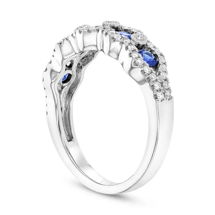 Goldia Rings Blue Sapphire and 033 CT TW Natural Diamond Edge Five Stone Wavy Band in Solid 14K White Gold Goldia Rings Blue Sapphire and 033 CT TW Natural Diamond Edge Five Stone Wavy Band in Solid 14K White Gold
