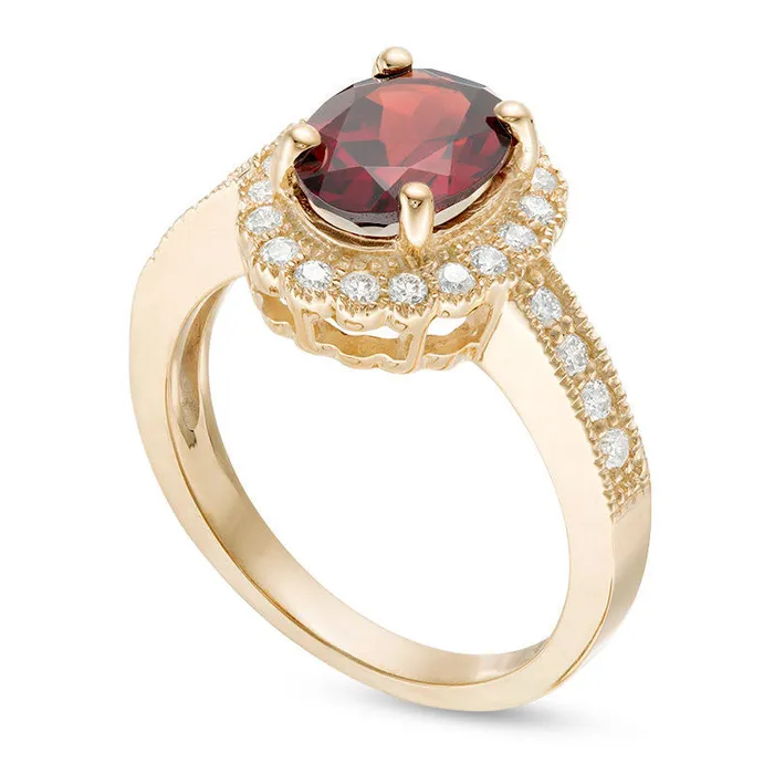 Goldia Rings Oval Garnet and 033 CT TW Natural Diamond Scallop Frame Antique VintageStyle Ring in Solid 10K Yellow Gold Goldia Rings Oval Garnet and 033 CT TW Natural Diamond Scallop Frame Antique VintageStyle Ring in Solid 10K Yellow Gold