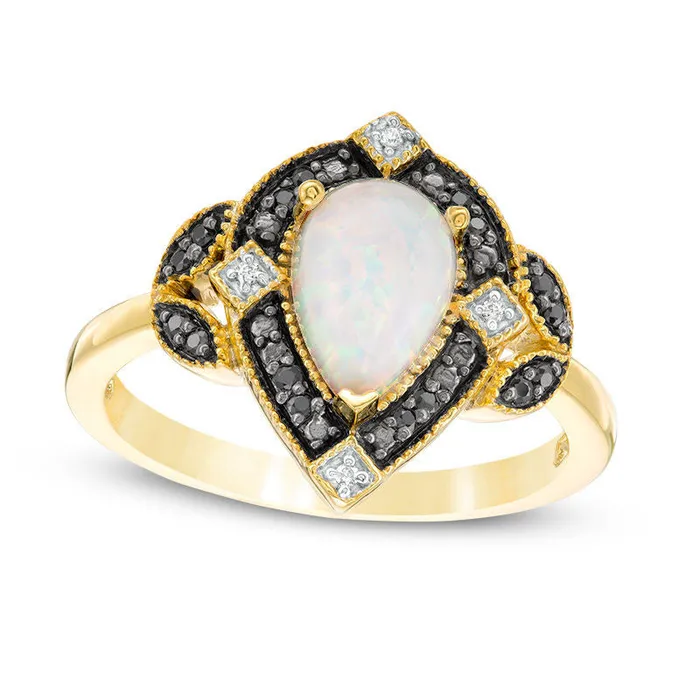 Goldia Rings PearShaped LabCreated Opal and 010 CT TW Enhanced Black and White Diamond Art Deco Frame Ring in Solid 10K Yellow Gold Goldia Rings PearShaped LabCreated Opal and 010 CT TW Enhanced Black and White Diamond Art Deco Frame Ring in Solid 10K Yellow Gold