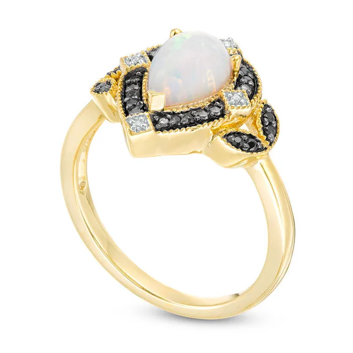 Goldia Rings PearShaped LabCreated Opal and 010 CT TW Enhanced Black and White Diamond Art Deco Frame Ring in Solid 10K Yellow Gold Goldia Rings PearShaped LabCreated Opal and 010 CT TW Enhanced Black and White Diamond Art Deco Frame Ring in Solid 10K Yellow Gold