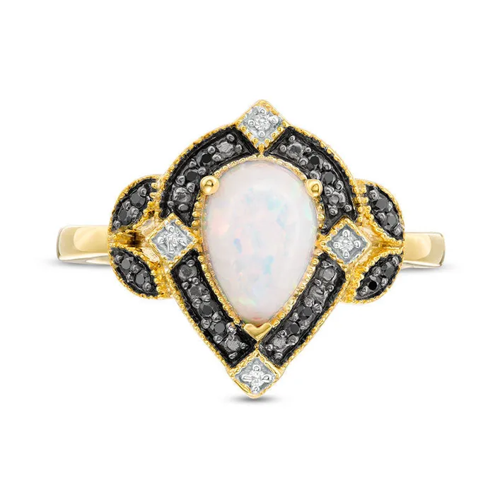Goldia Rings PearShaped LabCreated Opal and 010 CT TW Enhanced Black and White Diamond Art Deco Frame Ring in Solid 10K Yellow Gold Goldia Rings PearShaped LabCreated Opal and 010 CT TW Enhanced Black and White Diamond Art Deco Frame Ring in Solid 10K Yellow Gold