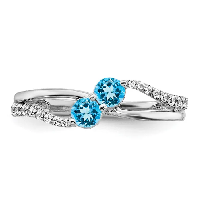 Goldia Rings Solid 14k White Gold Simulated Blue Topaz and CZ 2stone Ring