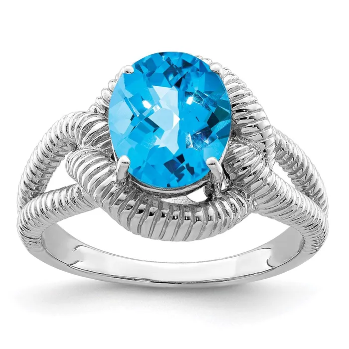 Goldia Sterling Silver Rhodium CheckerCut Blue Topaz Ring Rings