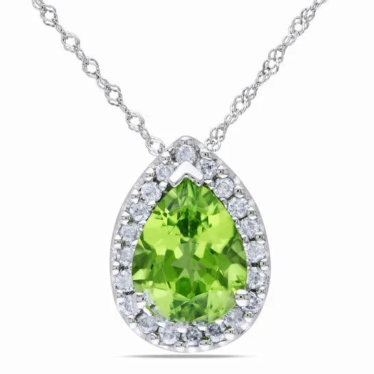 JMS always Necklaces Original AMOUR Pear Shaped Peridot and 15 CT TW Diamond Halo Pendant with Chain In 14K White Gold JMS always Necklaces Original AMOUR Pear Shaped Peridot and 15 CT TW Diamond Halo Pendant with Chain In 14K White Gold
