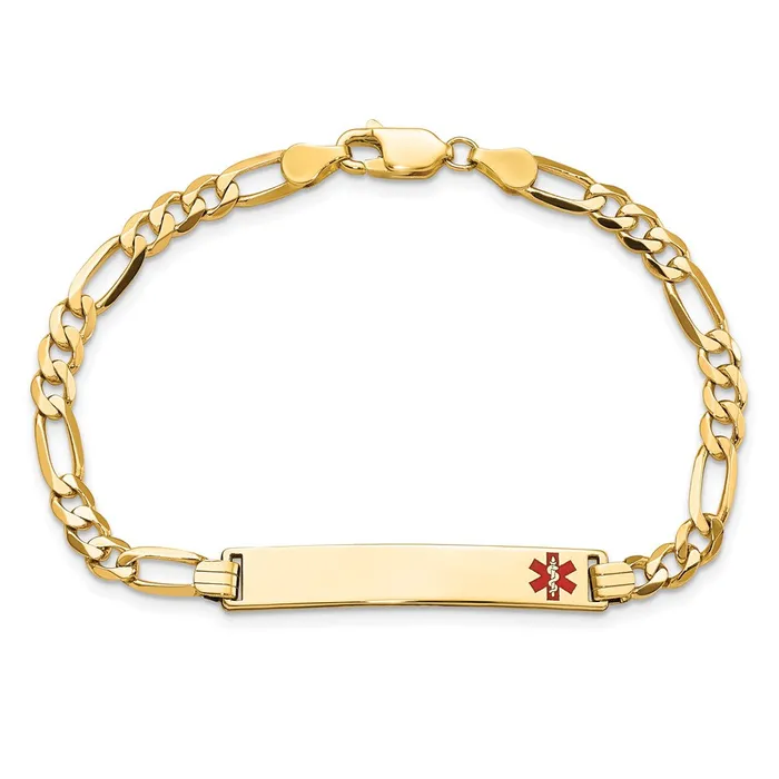 MDS Bracelets Solid 14K Yellow Gold Medical Red Enamel Flat Figaro Link ID Bracelet MDS Bracelets Solid 14K Yellow Gold Medical Red Enamel Flat Figaro Link ID Bracelet