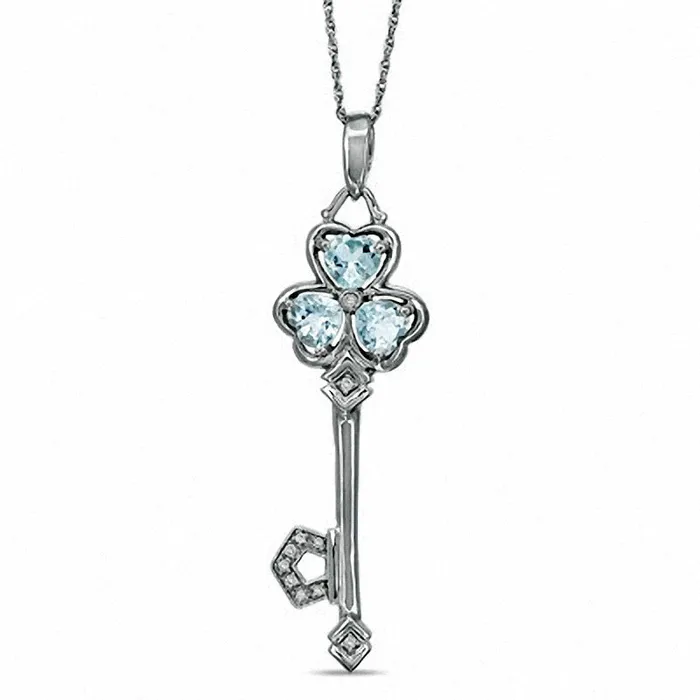 Necklaces Aquamarine and Natural Diamond Accent CloverTop Key Pendant in Sterling Silver Goldia Necklaces Aquamarine and Natural Diamond Accent CloverTop Key Pendant in Sterling Silver Goldia