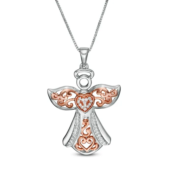 Necklaces Goldia 013 CT TW Natural Diamond Ornate Angel Pendant in Sterling Silver and 14K Rose Gold Plate Necklaces Goldia 013 CT TW Natural Diamond Ornate Angel Pendant in Sterling Silver and 14K Rose Gold Plate