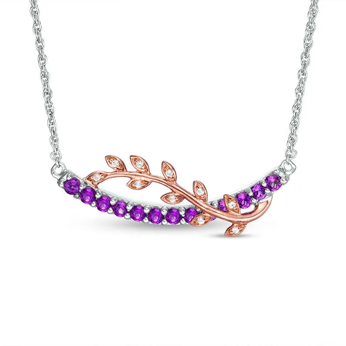 Necklaces Goldia Amethyst and LabCreated White Sapphire Vine Overlay Curved Bar Necklace in Sterling Silver and 10K Rose Gold Necklaces Goldia Amethyst and LabCreated White Sapphire Vine Overlay Curved Bar Necklace in Sterling Silver and 10K Rose Gold