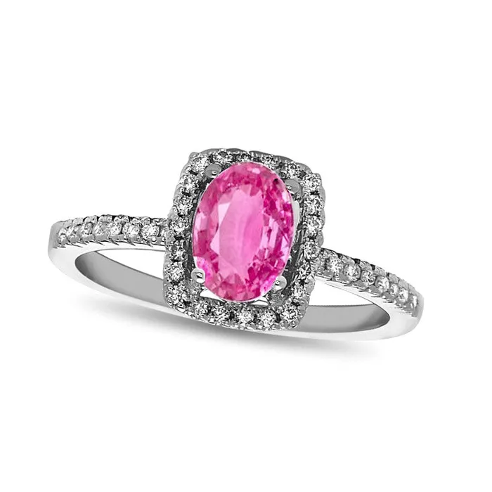 Oval Pink Sapphire and 020 CT TW Natural Diamond Frame Engagement Ring in Solid 14K White Gold Goldia Rings Oval Pink Sapphire and 020 CT TW Natural Diamond Frame Engagement Ring in Solid 14K White Gold Goldia Rings