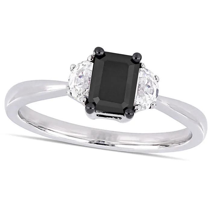 Rings 075 CT EmeraldCut Enhanced Black Natural Diamond and White Sapphire Three Stone Engagement Ring in Solid 10K White Gold Goldia