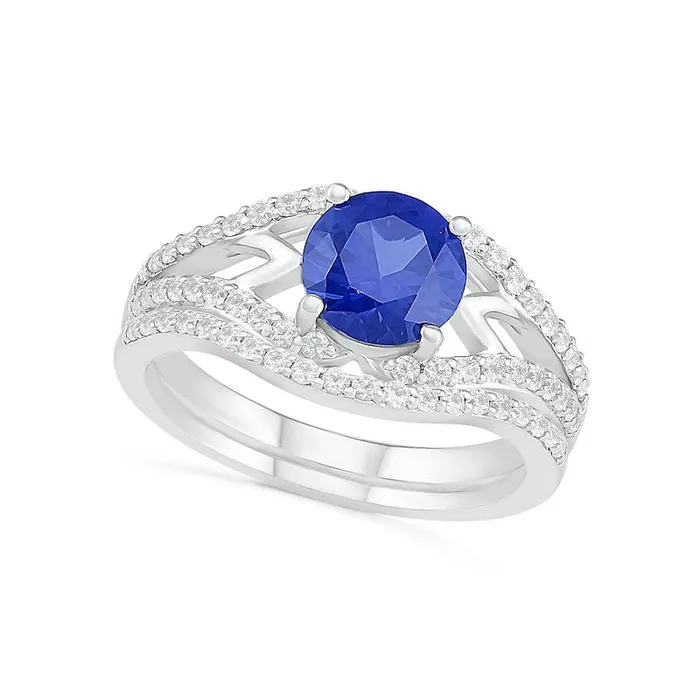 Rings 70mm LabCreated Blue and White Sapphire Geometric Pointed Split Shank Bridal Engagement Ring Set in Sterling Silver Goldia Rings 70mm LabCreated Blue and White Sapphire Geometric Pointed Split Shank Bridal Engagement Ring Set in Sterling Silver Goldia