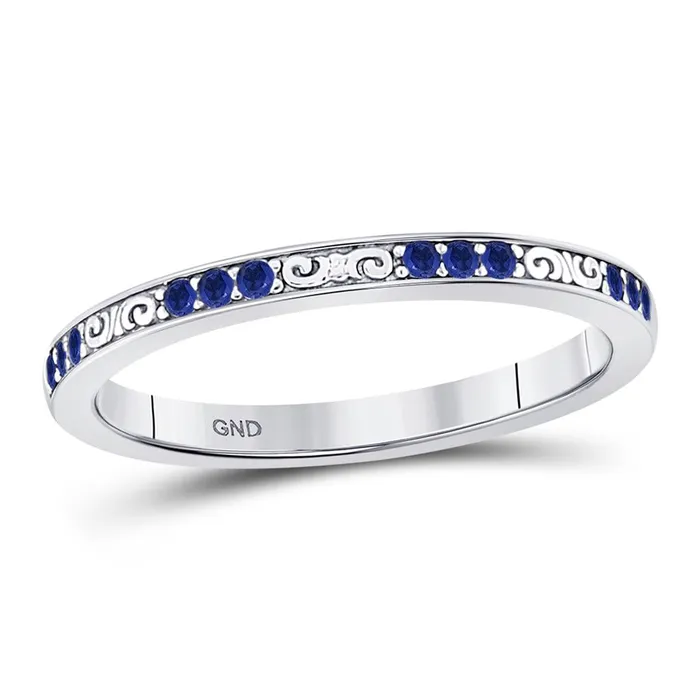 Rings gndatlanta 14k White Gold Round Blue Sapphire Flourished Stackable Band Ring 16 Cttw Rings gndatlanta 14k White Gold Round Blue Sapphire Flourished Stackable Band Ring 16 Cttw
