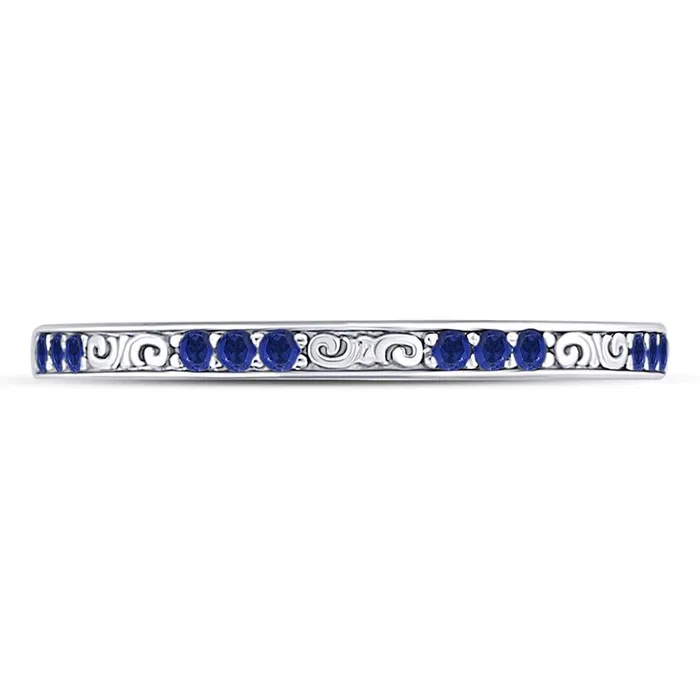 Rings gndatlanta 14k White Gold Round Blue Sapphire Flourished Stackable Band Ring 16 Cttw