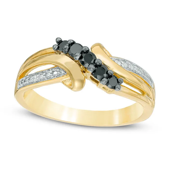 Rings Goldia 025 CT TW Enhanced Black and White Natural Diamond Five Stone Bypass Ring in Solid 10K Yellow Gold Rings Goldia 025 CT TW Enhanced Black and White Natural Diamond Five Stone Bypass Ring in Solid 10K Yellow Gold