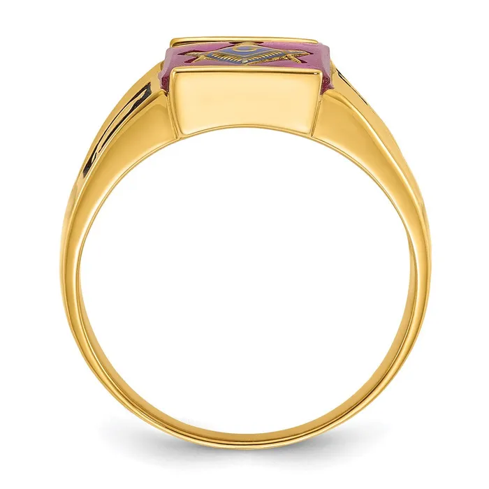 Rings Goldia 14k Yellow Gold Mens Polished and Textured with Black Enamel and Lab Created Ruby Masonic Ring