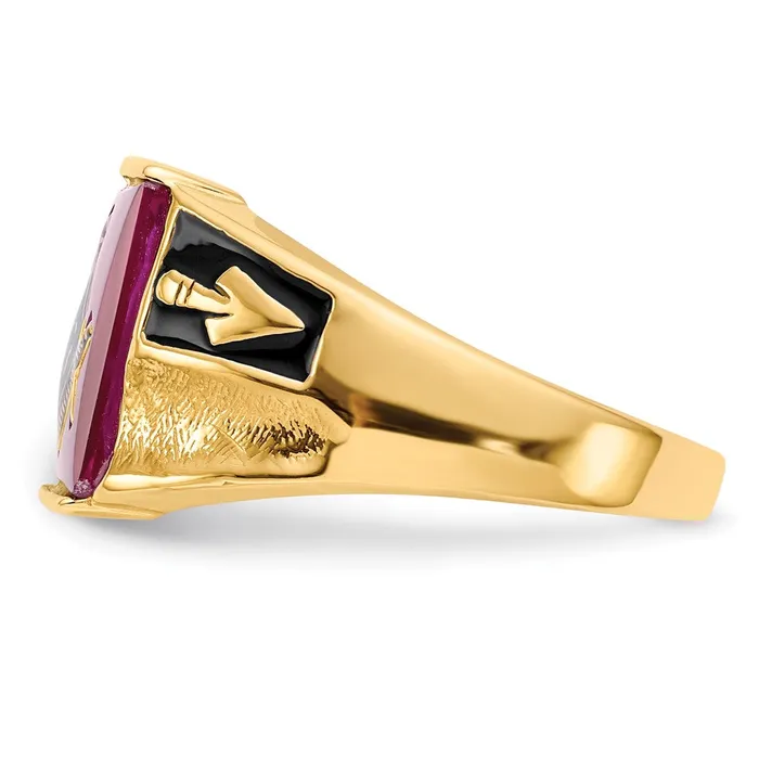 Rings Goldia 14k Yellow Gold Mens Polished and Textured with Black Enamel and Lab Created Ruby Masonic Ring