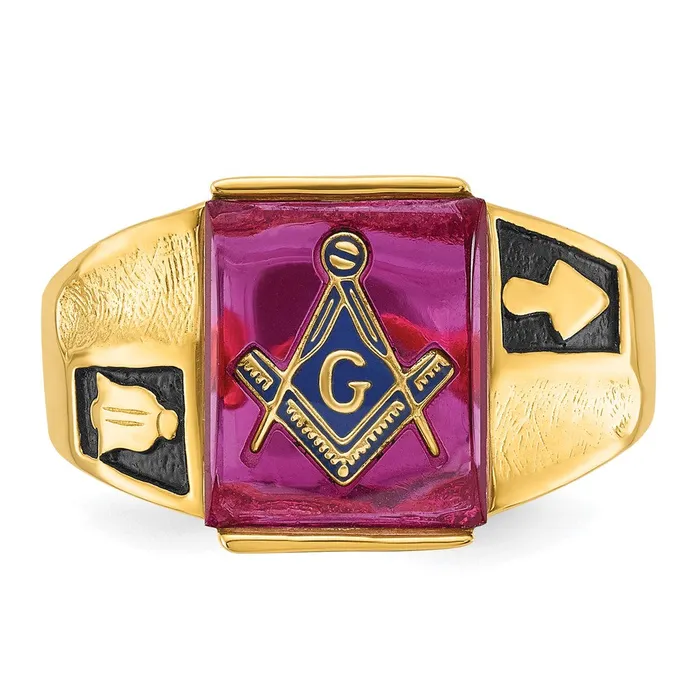 Rings Goldia 14k Yellow Gold Mens Polished and Textured with Black Enamel and Lab Created Ruby Masonic Ring