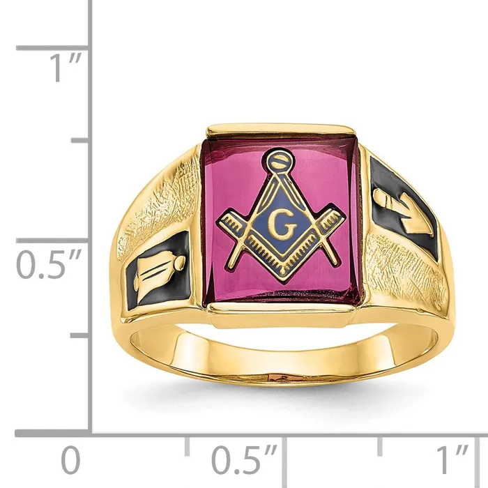 Rings Goldia 14k Yellow Gold Mens Polished and Textured with Black Enamel and Lab Created Ruby Masonic Ring