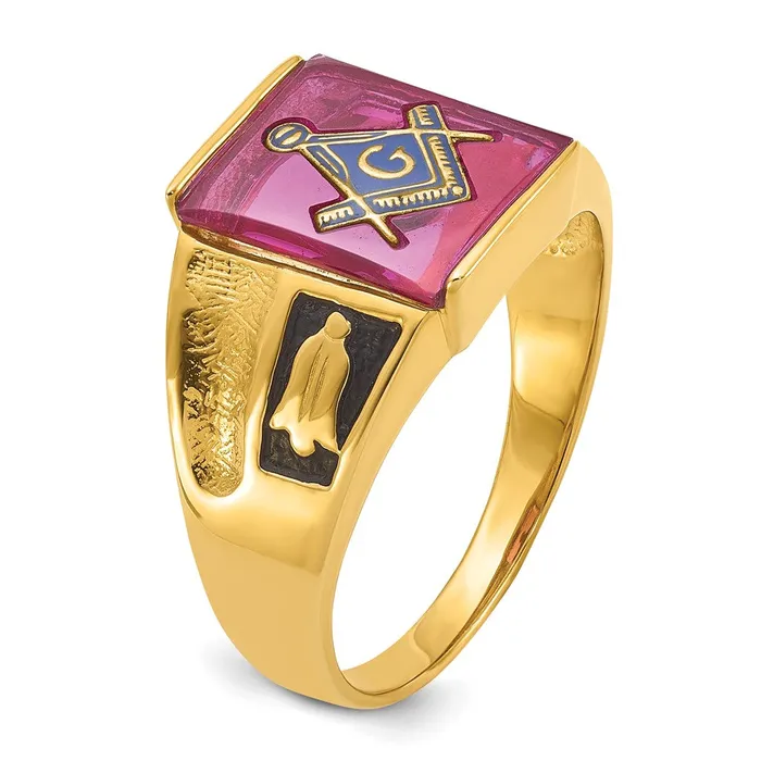 Rings Goldia 14k Yellow Gold Mens Polished and Textured with Black Enamel and Lab Created Ruby Masonic Ring