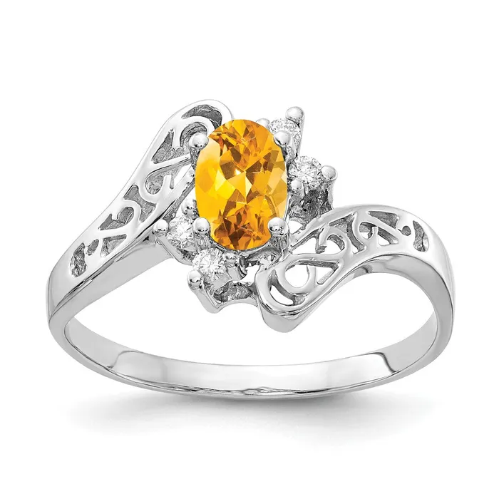 Rings Goldiacom 14k White Gold 6x4mm Oval Citrine AA Real Diamond ring