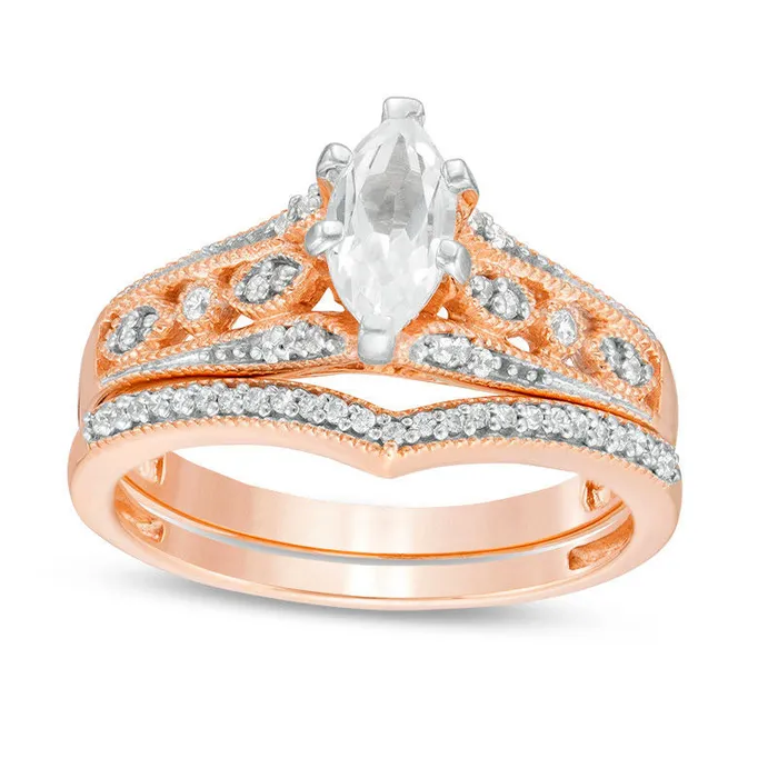 Rings Goldia LabCreated Marquise White Sapphire and 020 CT TW Diamond Bridal Engagement Ring Set in Solid 10K Rose Gold Rings Goldia LabCreated Marquise White Sapphire and 020 CT TW Diamond Bridal Engagement Ring Set in Solid 10K Rose Gold