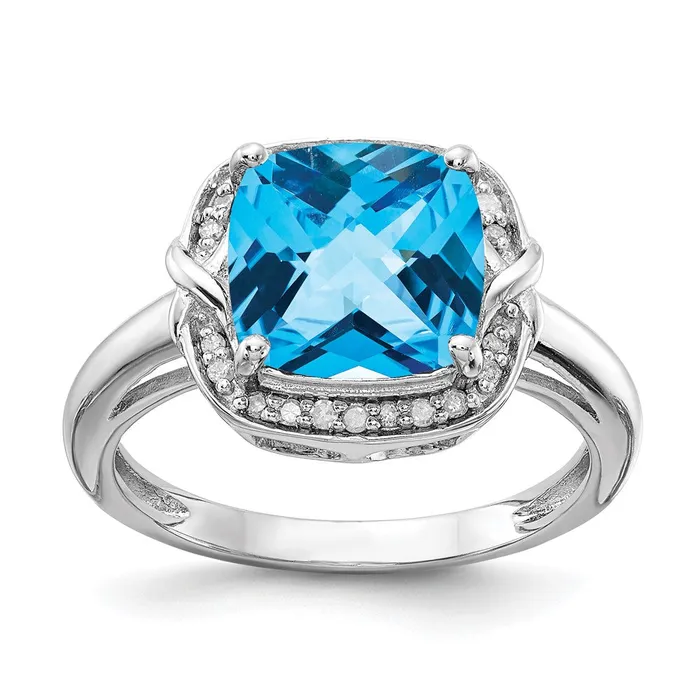 Rings Goldia Sterling Silver Rhodium Diamond CheckerCut Blue Topaz Ring