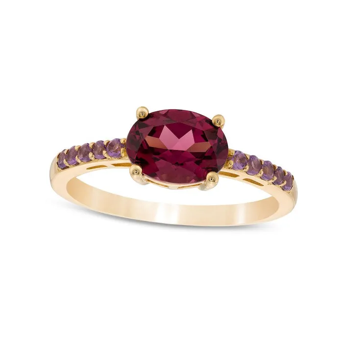 Sideways Oval Rhodolite and Amethyst Ring in Solid 10K Yellow Gold Goldia Rings Sideways Oval Rhodolite and Amethyst Ring in Solid 10K Yellow Gold Goldia Rings