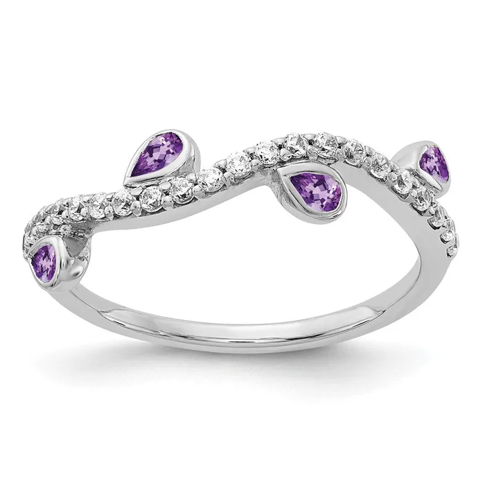Solid 14k White Gold Simulated CZ and Pear Amethyst Curved Ring Goldia Rings