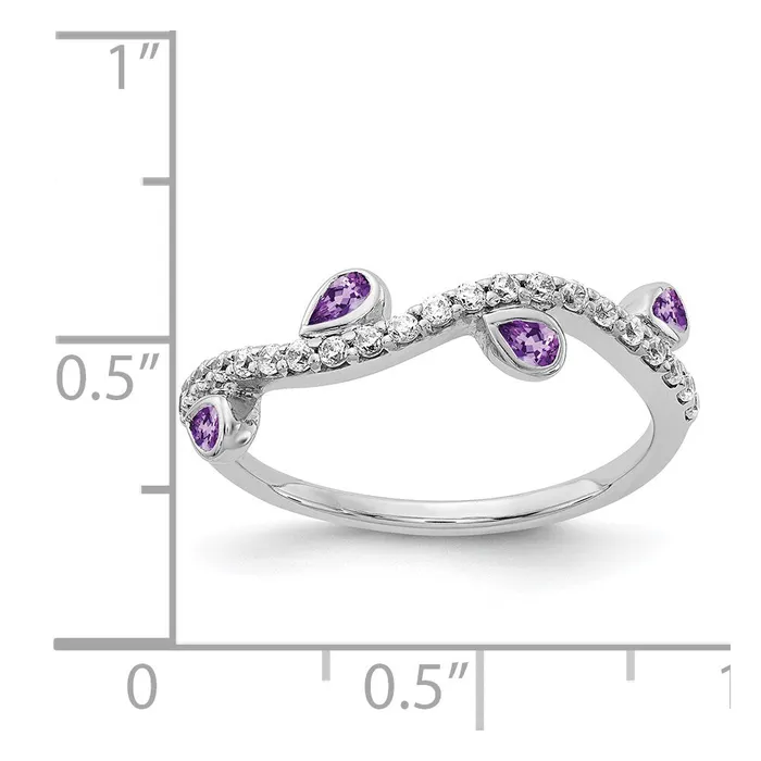 Solid 14k White Gold Simulated CZ and Pear Amethyst Curved Ring Goldia Rings