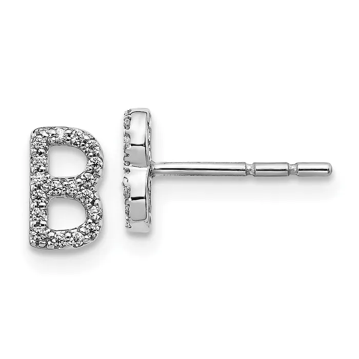 Solid 14k White Gold Simulated CZ Initial B Earrings Goldia Earrings