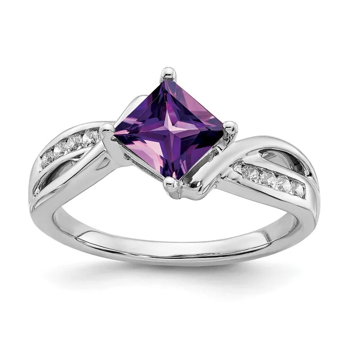 Solid 14k White Gold Square Simulated Amethyst and CZ Ring Goldia Rings