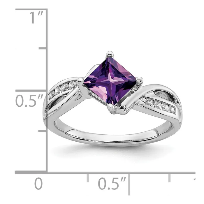 Solid 14k White Gold Square Simulated Amethyst and CZ Ring Goldia Rings