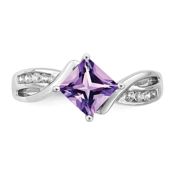 Solid 14k White Gold Square Simulated Amethyst and CZ Ring Goldia Rings