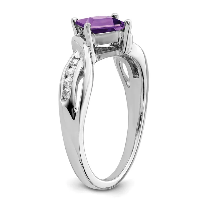 Solid 14k White Gold Square Simulated Amethyst and CZ Ring Goldia Rings
