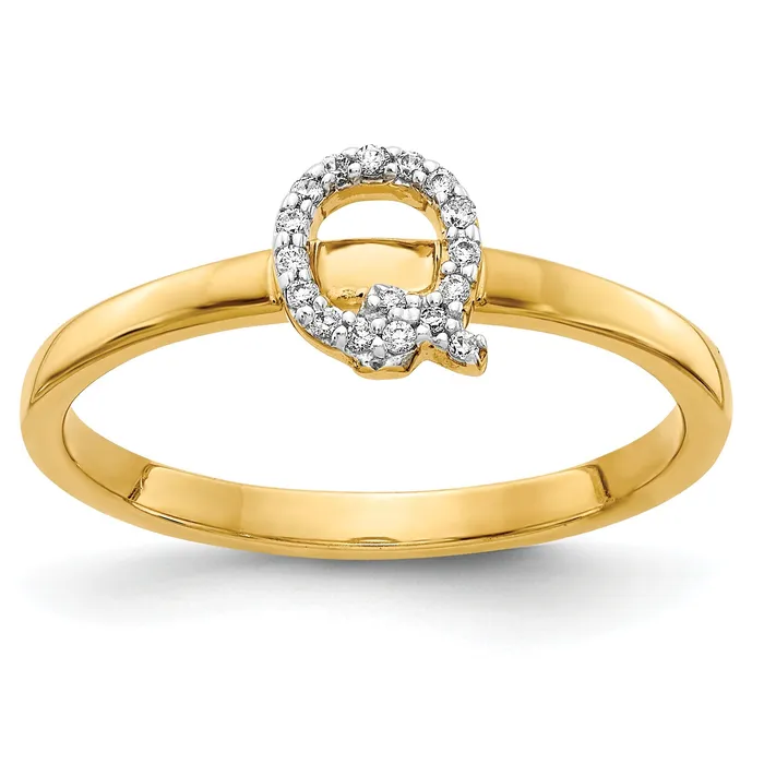 Solid 14k Yellow Gold Simulated CZ Initial Q Ring Goldia Rings