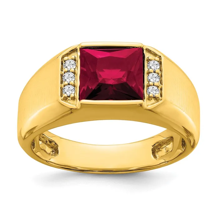 Solid 14k Yellow Gold Square Created Simulated Ruby and CZ Mens Ring Goldia Rings Solid 14k Yellow Gold Square Created Simulated Ruby and CZ Mens Ring Goldia Rings