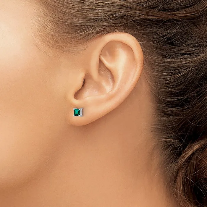Sterling Silver 4mm Princess Created Emerald Post Earrings Goldia Earrings