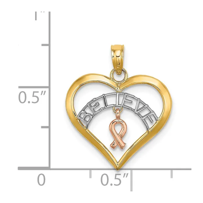 14k Twotone White Rhodium BELIEVE in Heart w Breast Cancer Ribbon TreasureFineJewelers Rings