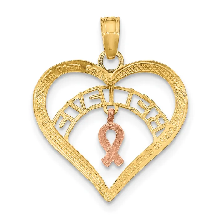 14k Twotone White Rhodium BELIEVE in Heart w Breast Cancer Ribbon TreasureFineJewelers Rings