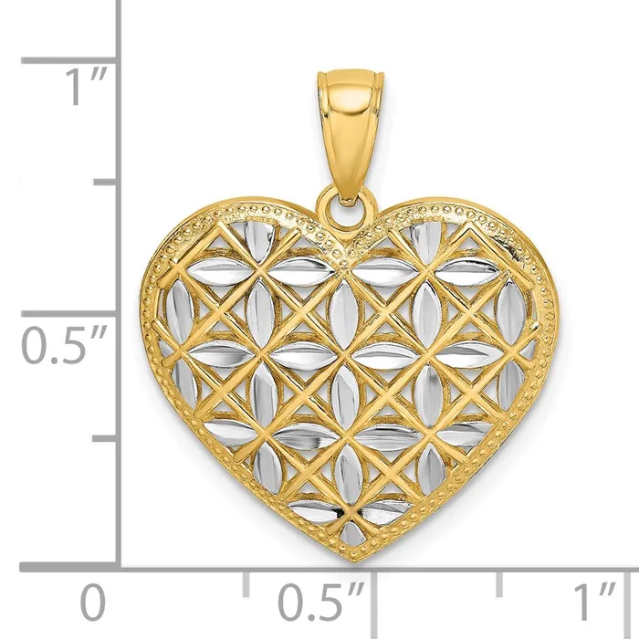 14k Yellow Gold Rhodium wRhodium Diamondcut Leaves In Heart Charm TreasureFineJewelers Charm Necklaces