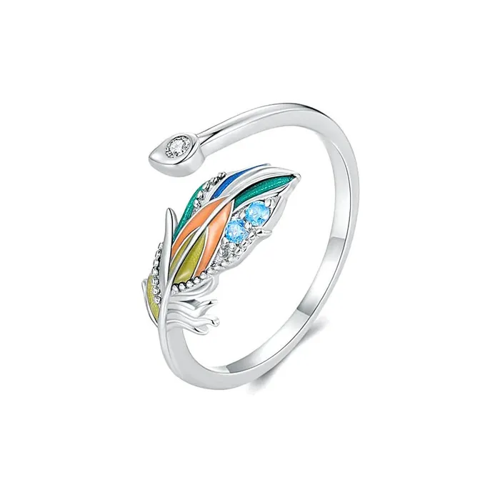 925 Silver Summer Colorful Feather Ring Trendolla Jewelry Rings