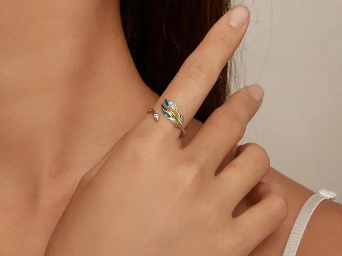 925 Silver Summer Colorful Feather Ring Trendolla Jewelry Rings