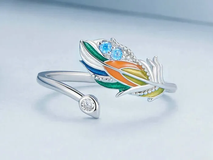 925 Silver Summer Colorful Feather Ring Trendolla Jewelry Rings