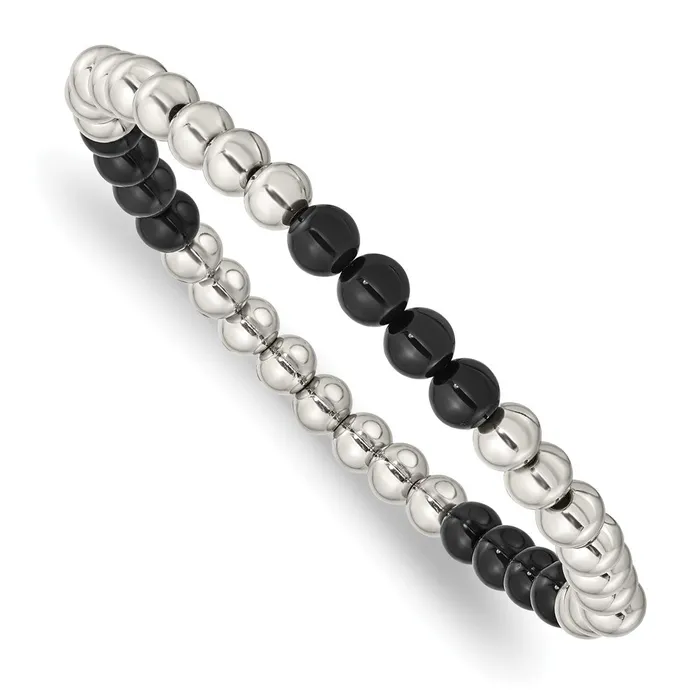 Bracelets Chisel Stainless Steel Polished 6mm Black Onyx Beaded Stretch Bracelet TreasureFineJewelers Bracelets Chisel Stainless Steel Polished 6mm Black Onyx Beaded Stretch Bracelet TreasureFineJewelers